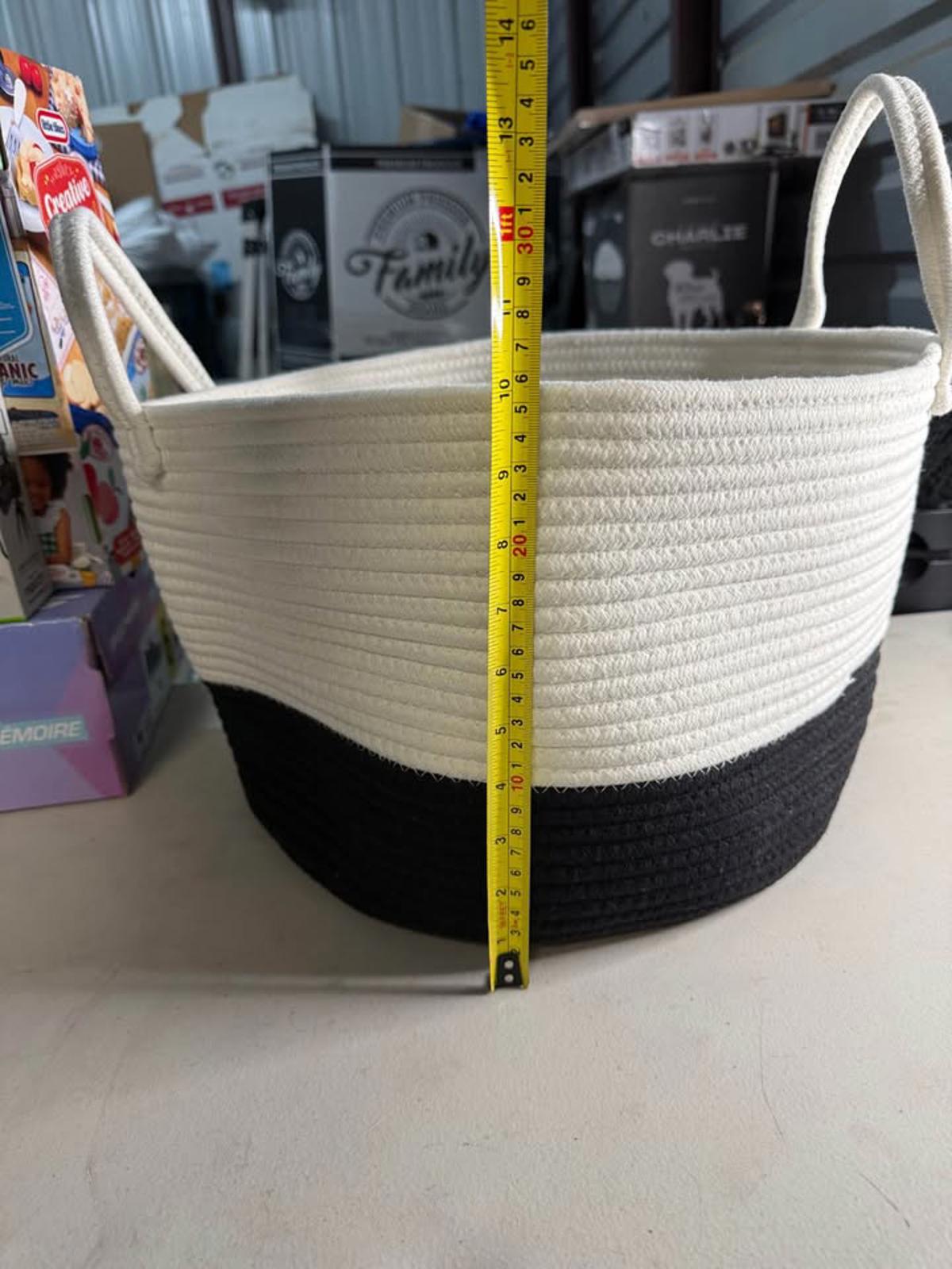 White Black Rope Storage Basket w/ Handles 11x14in