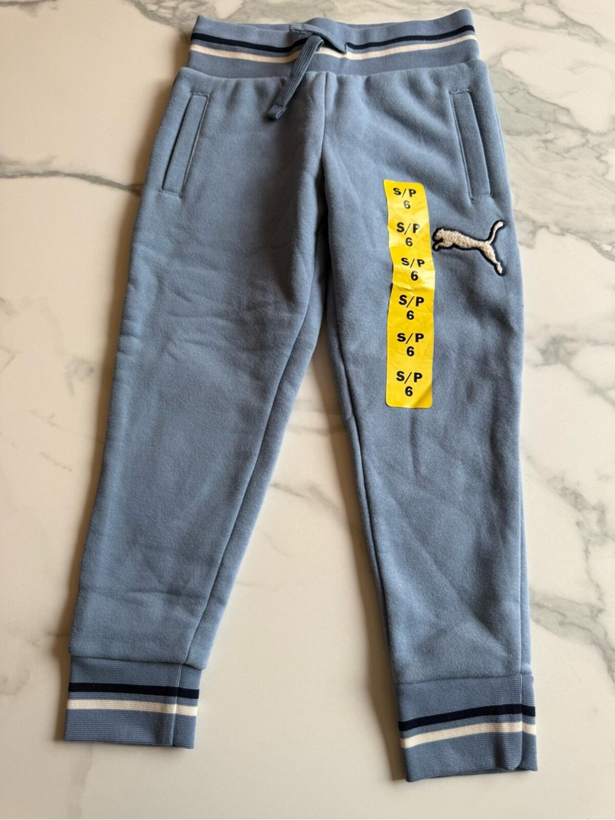 Puma Light Blue Kids Fleece Joggers with Navy Stripe Detail