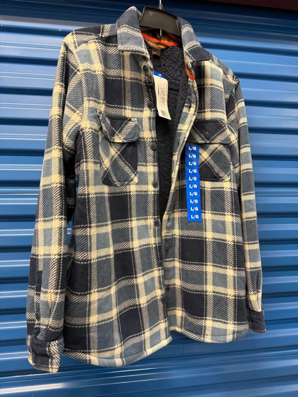 Realtree Fleece Lined Plaid Shirt Shacket Blue Cream Large