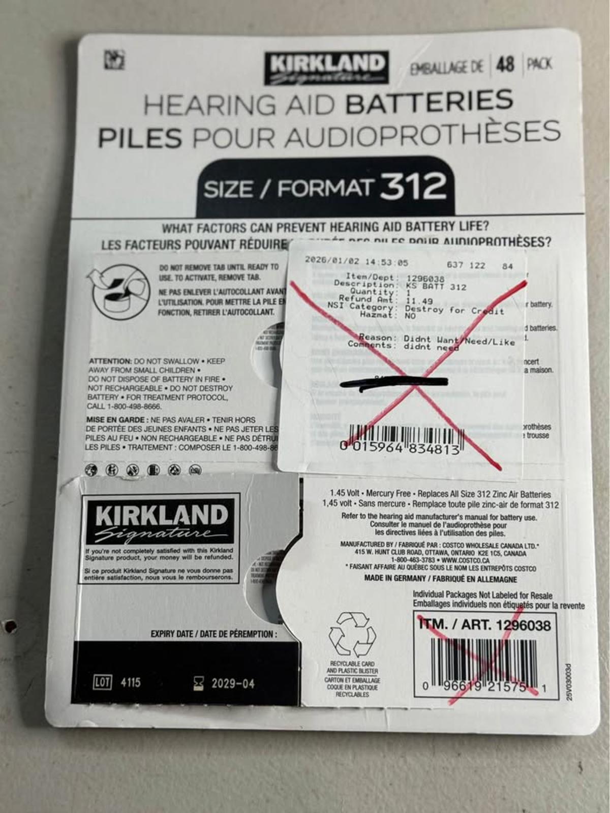 Kirkland Signature Hearing Aid Batteries Size 312 (40 count)