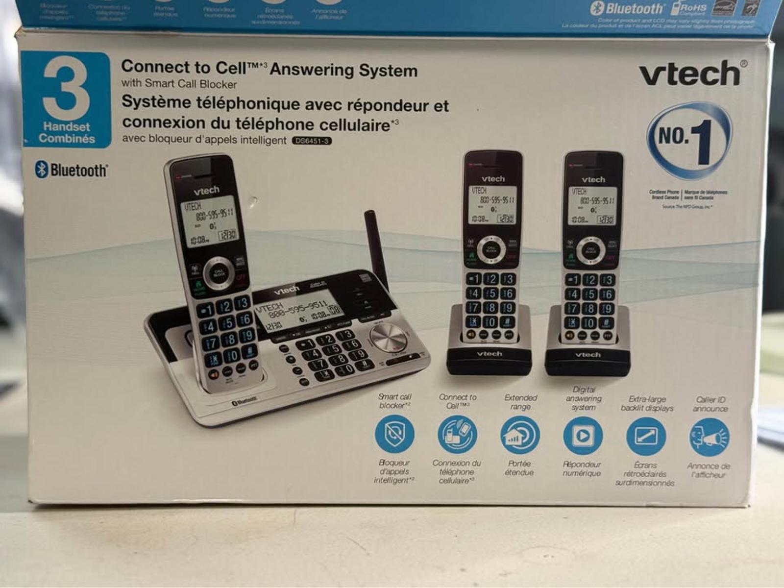 Vtech Connect to Cell Bluetooth Cordless Phone System 3 Handsets DS6451-3
