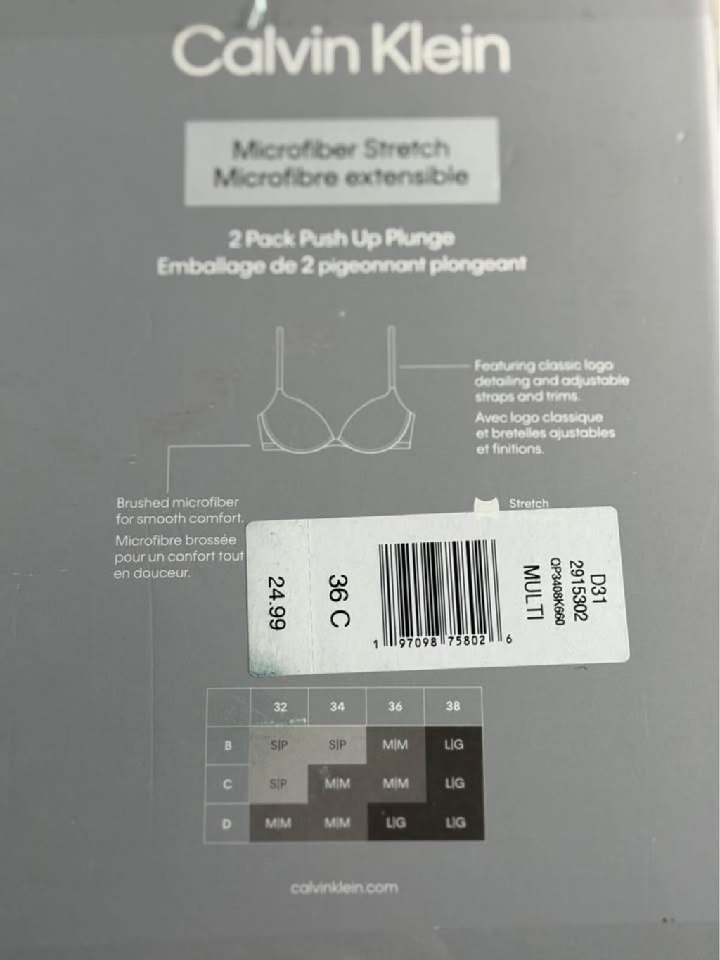 Calvin Klein 2 Pack Push Up Plunge Bras 36C