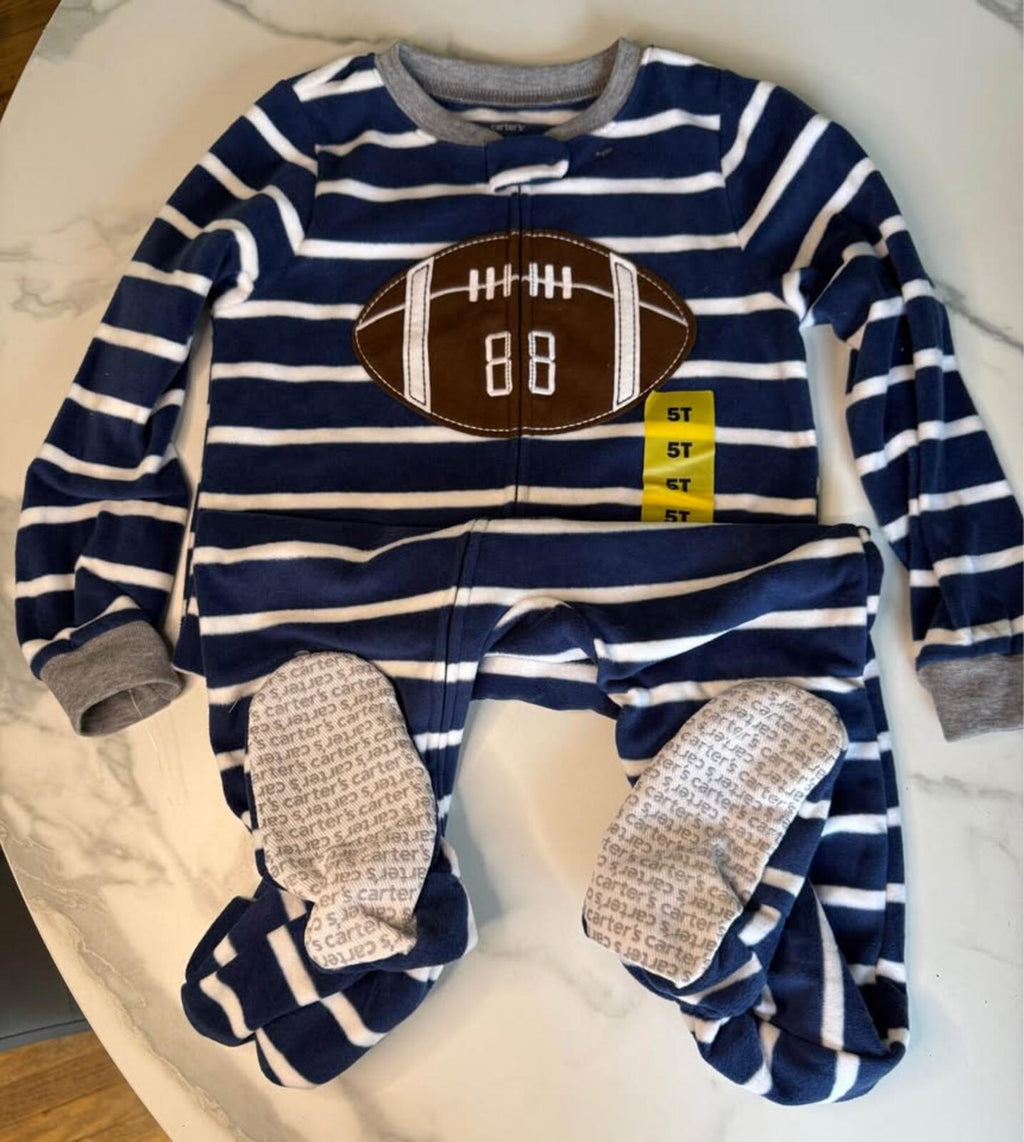 Carter's 5T Football Footed Pajama Blue Stripe