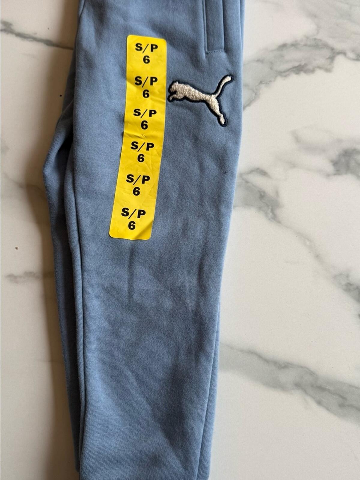 Puma Light Blue Kids Fleece Joggers with Navy Stripe Detail