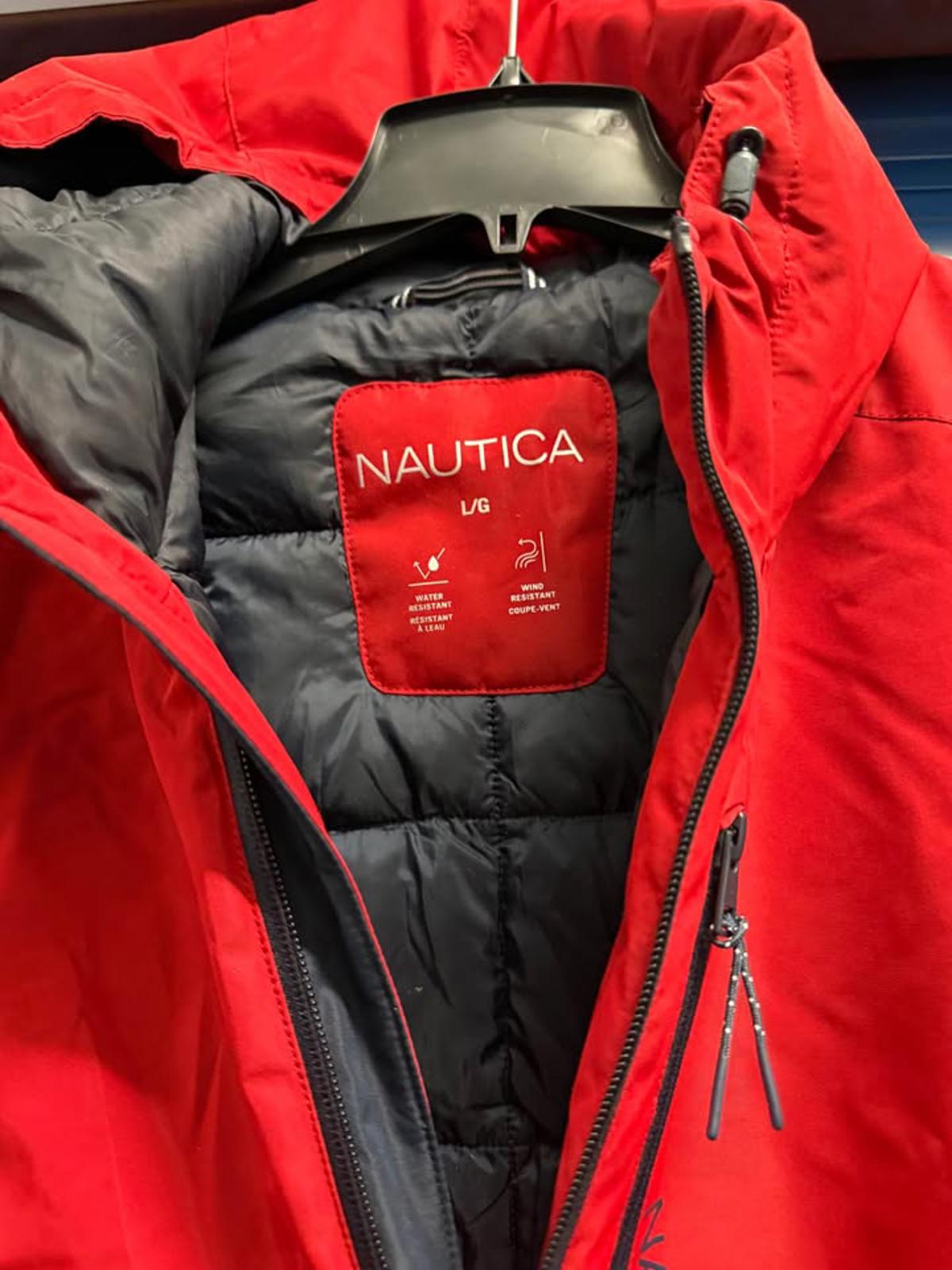 Nautica Red Hooded Jacket L/G Water Wind Resistant