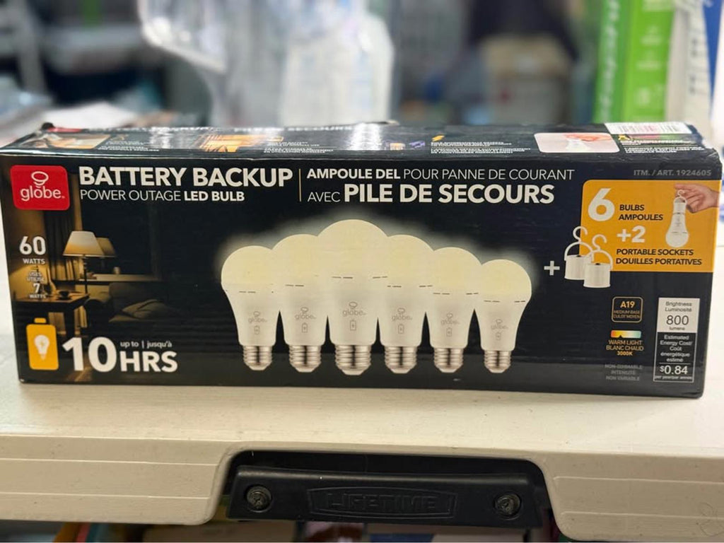 Globe Battery Backup Power Outage LED Bulbs - 6 Pack + 2 Sockets