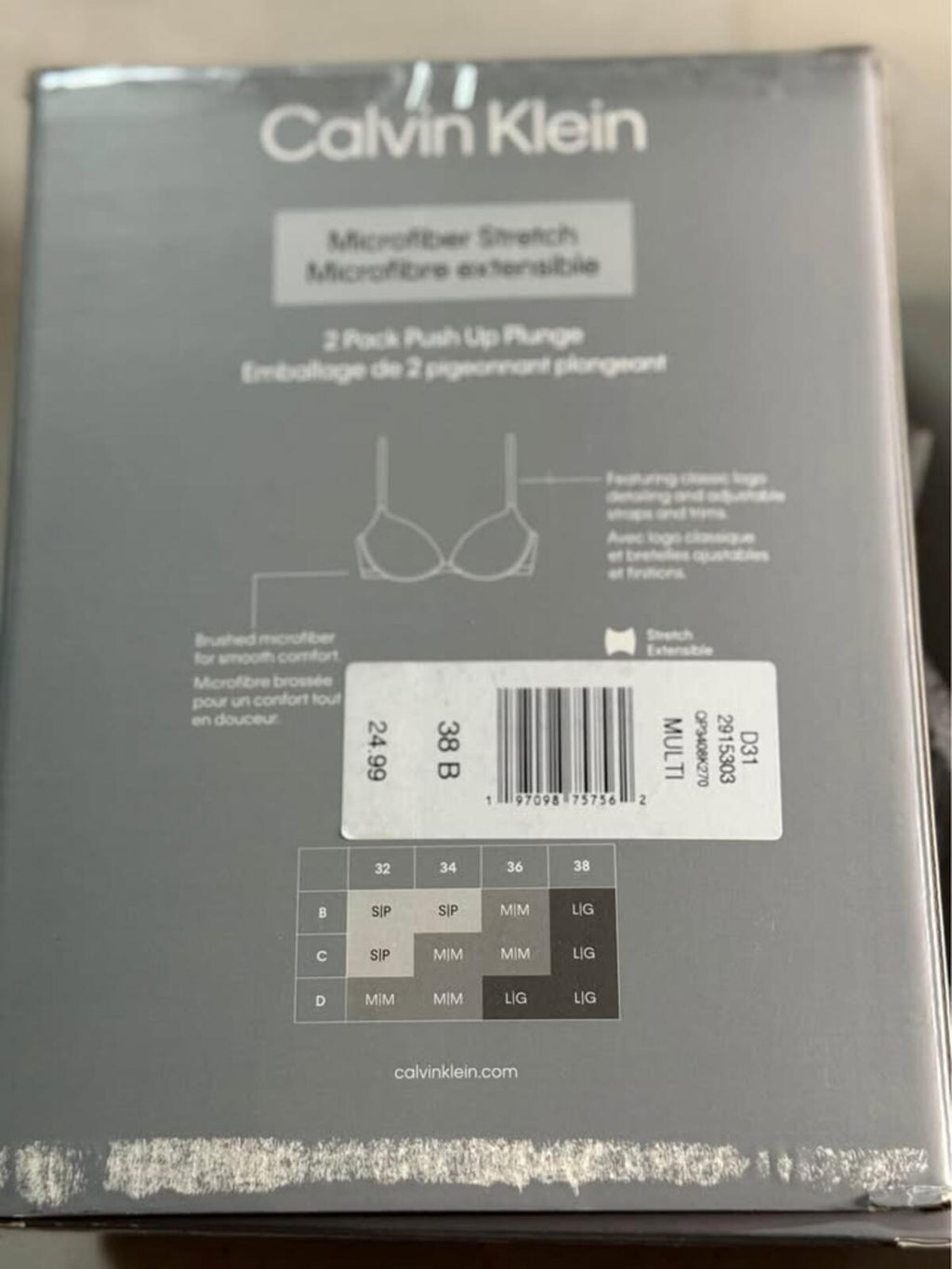 Calvin Klein 2 Pack Push Up Plunge Microfiber Stretch Bra 38B