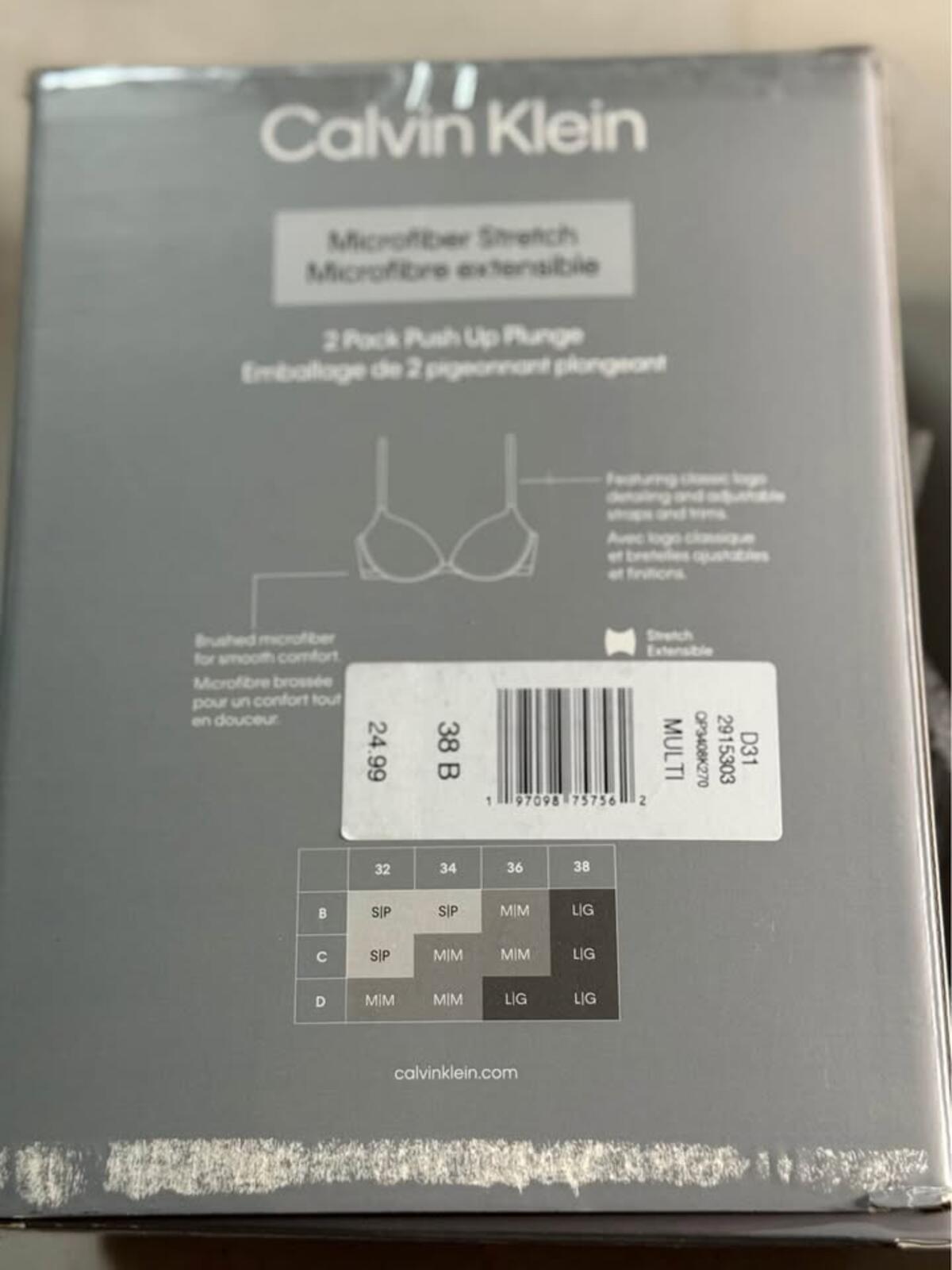 Calvin Klein 2 Pack Push Up Plunge Microfiber Stretch Bra 38B