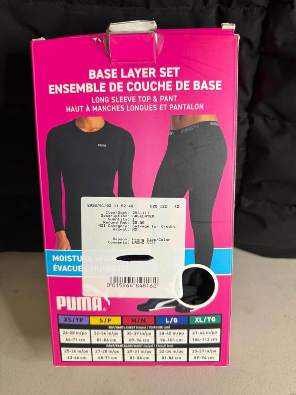 Puma Black Base Layer Set Small Thermal Activewear