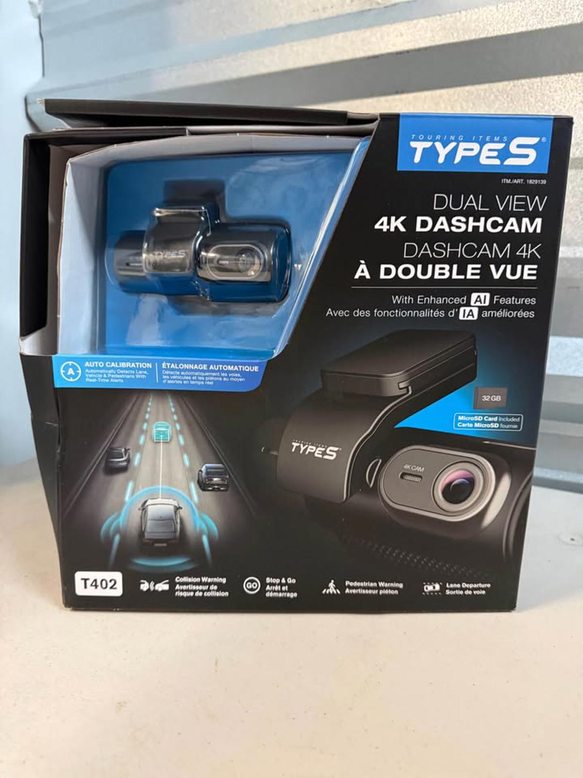 TYPES T402 Dual View 4K Dashcam with 32GB MicroSD AI Features