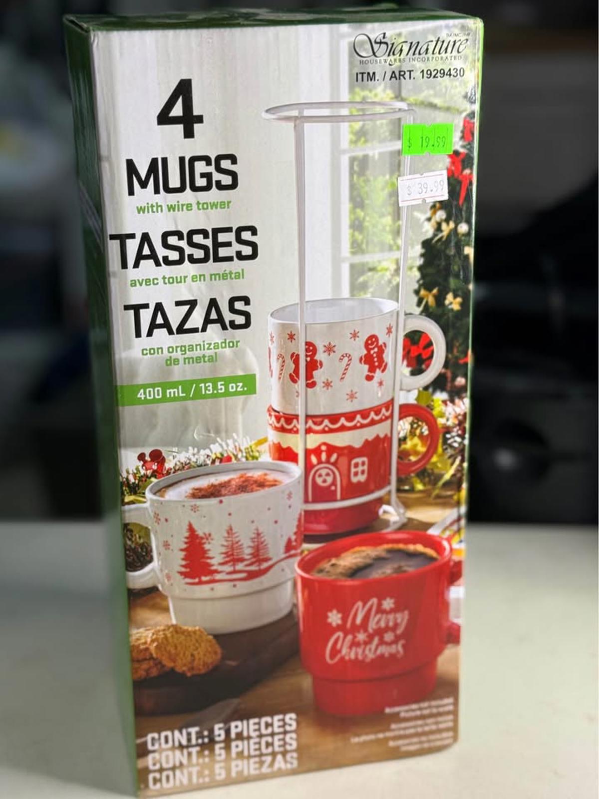 Signature Christmas Mugs Set with Wire Tower 4 Mugs 400mL