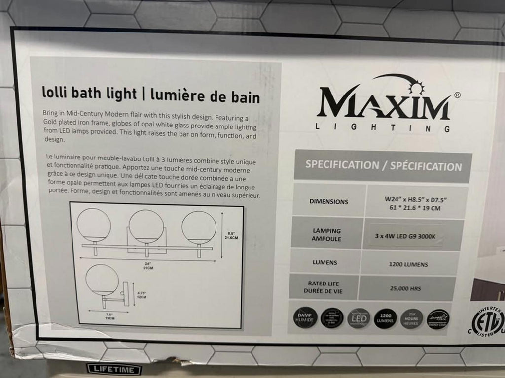 Maxim Lighting Lolli 3-Light Vanity Light Gold Mid-Century Modern New