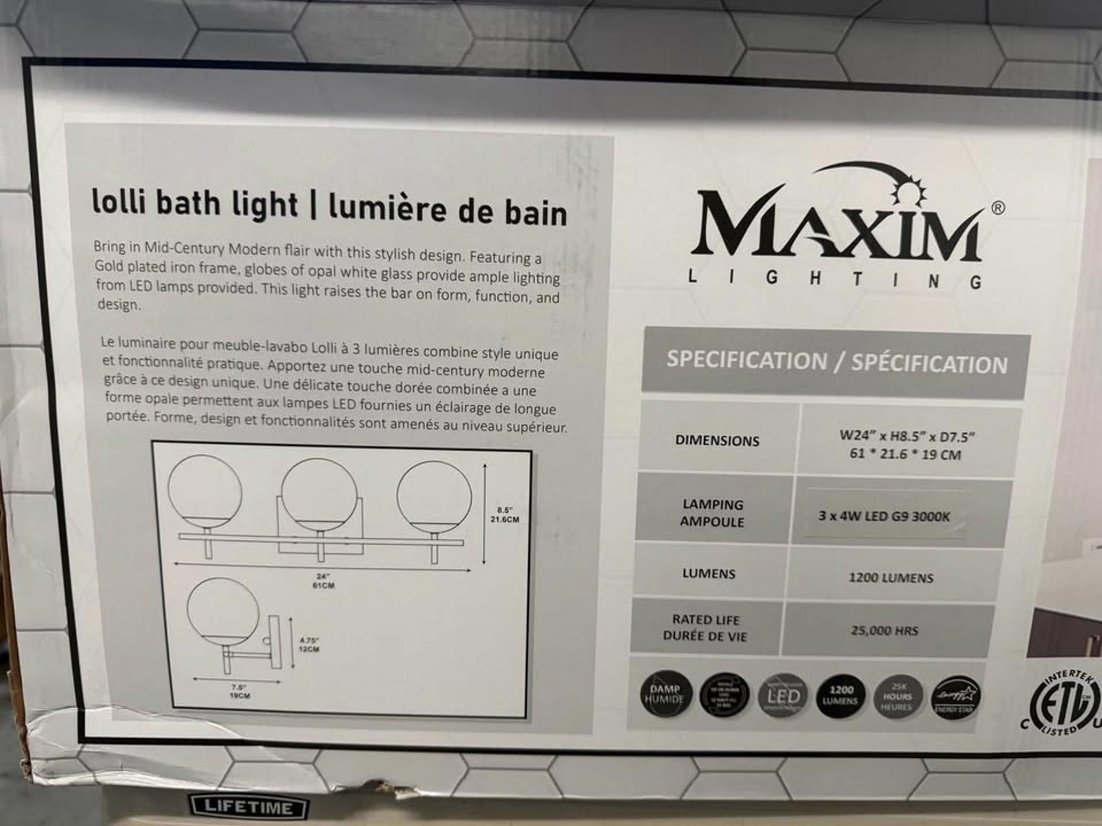 Maxim Lighting Lolli 3-Light Vanity Light Gold Mid-Century Modern New