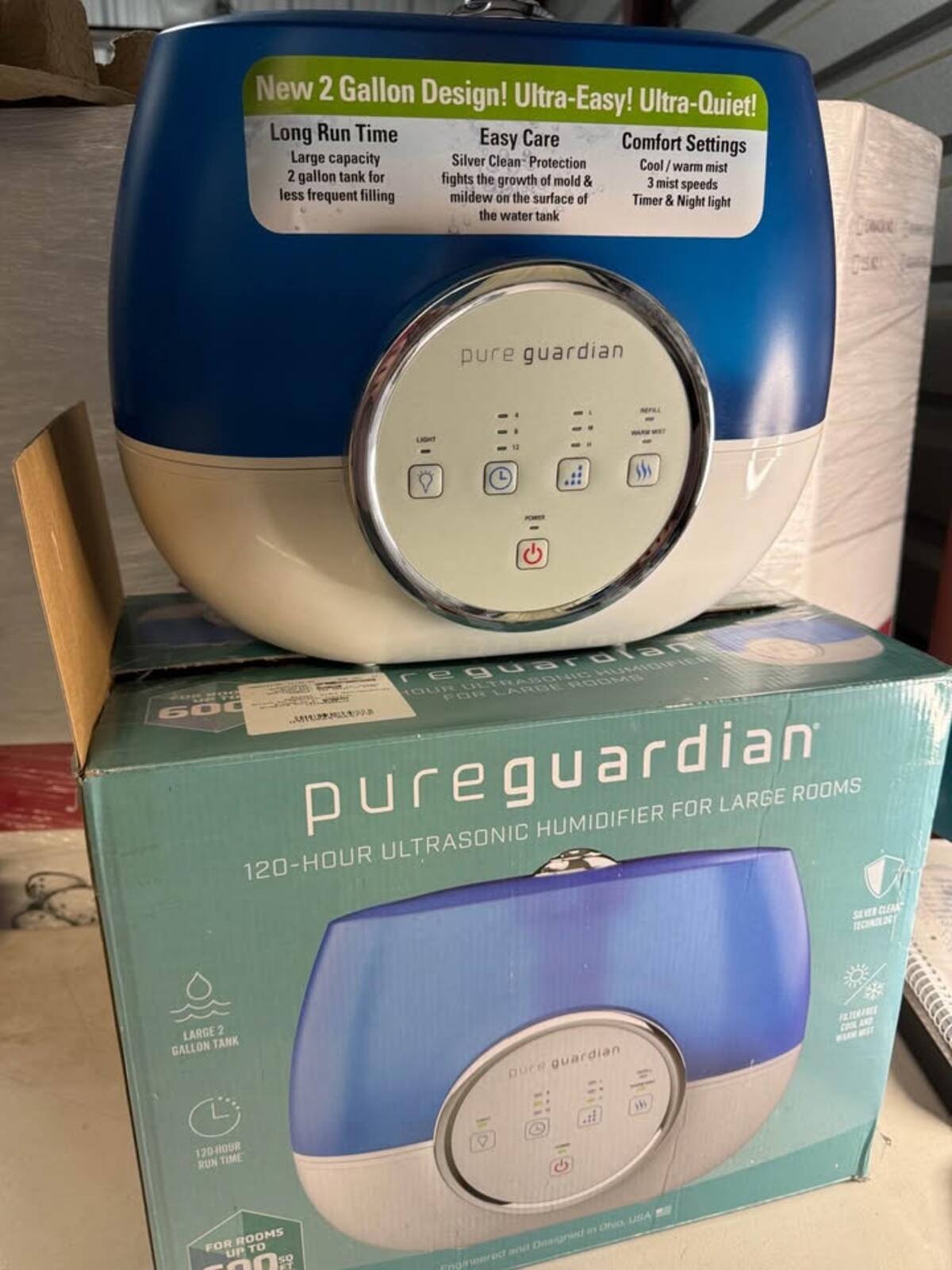 Pure Guardian 2 Gallon Ultrasonic Humidifier Cool Warm Mist